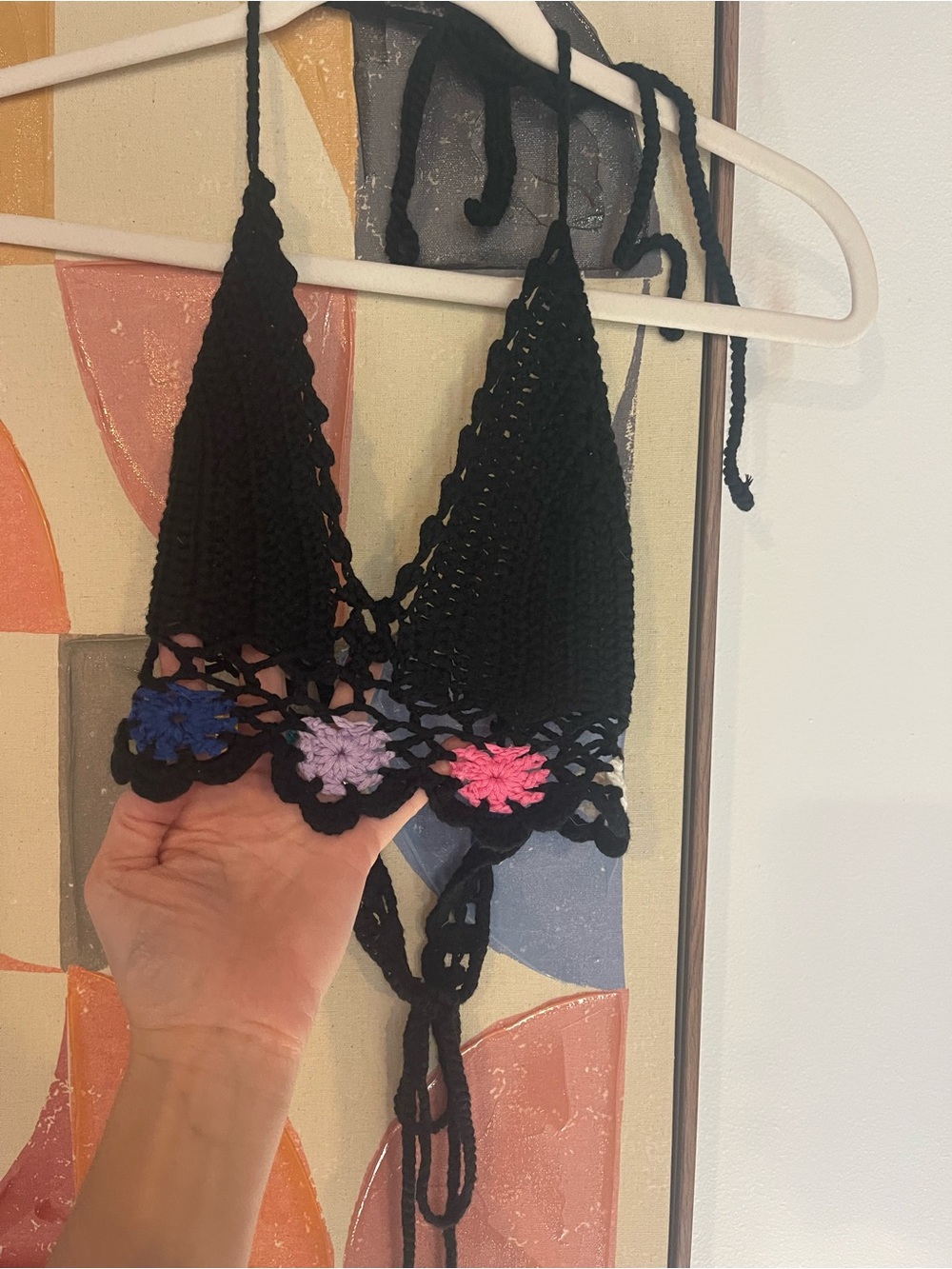 Vintage Handmade Black Crochet Halter Top with Colorful Flower Accents